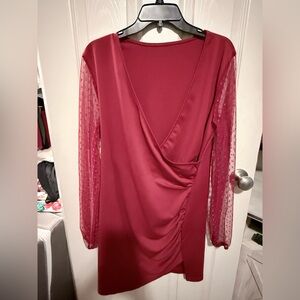 SHEIN Burgundy Long Sleeve Wrap-Style Dress